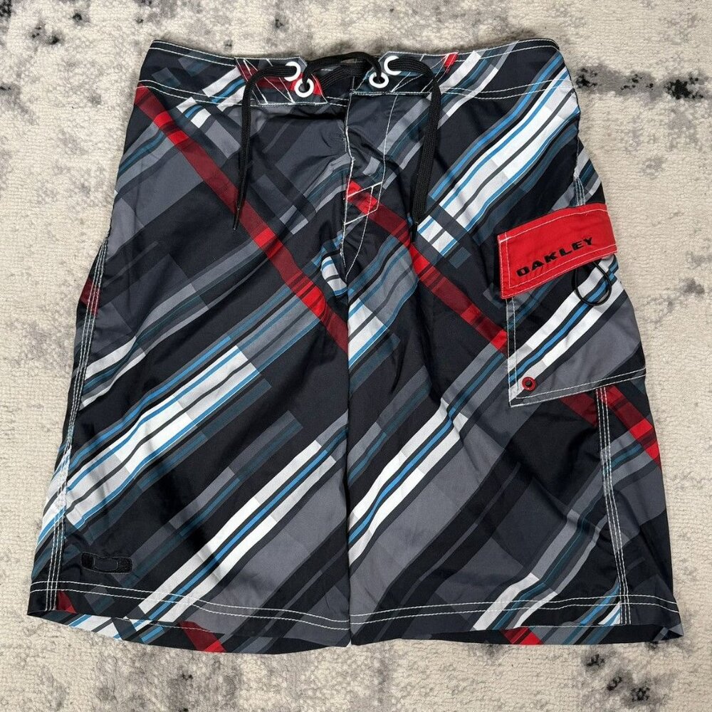 Y2K Oakley Red Blue Gray Stripes Board Shorts